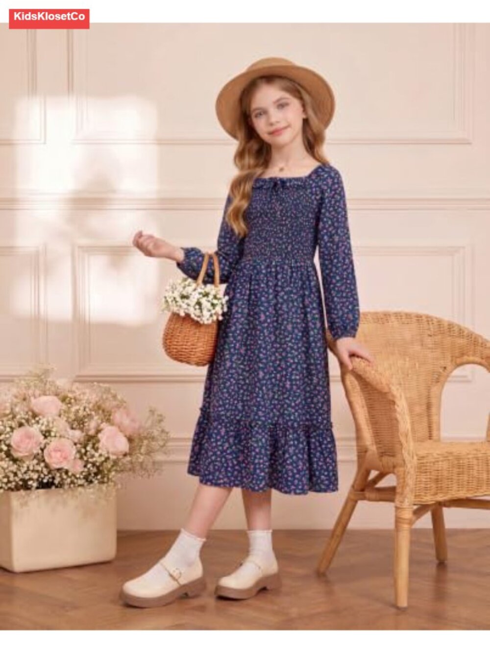Girls Floral Maxi Dress Long Sleeve Square Neck Smocked Fall Casual 6-14Y - Picture 4 of 6